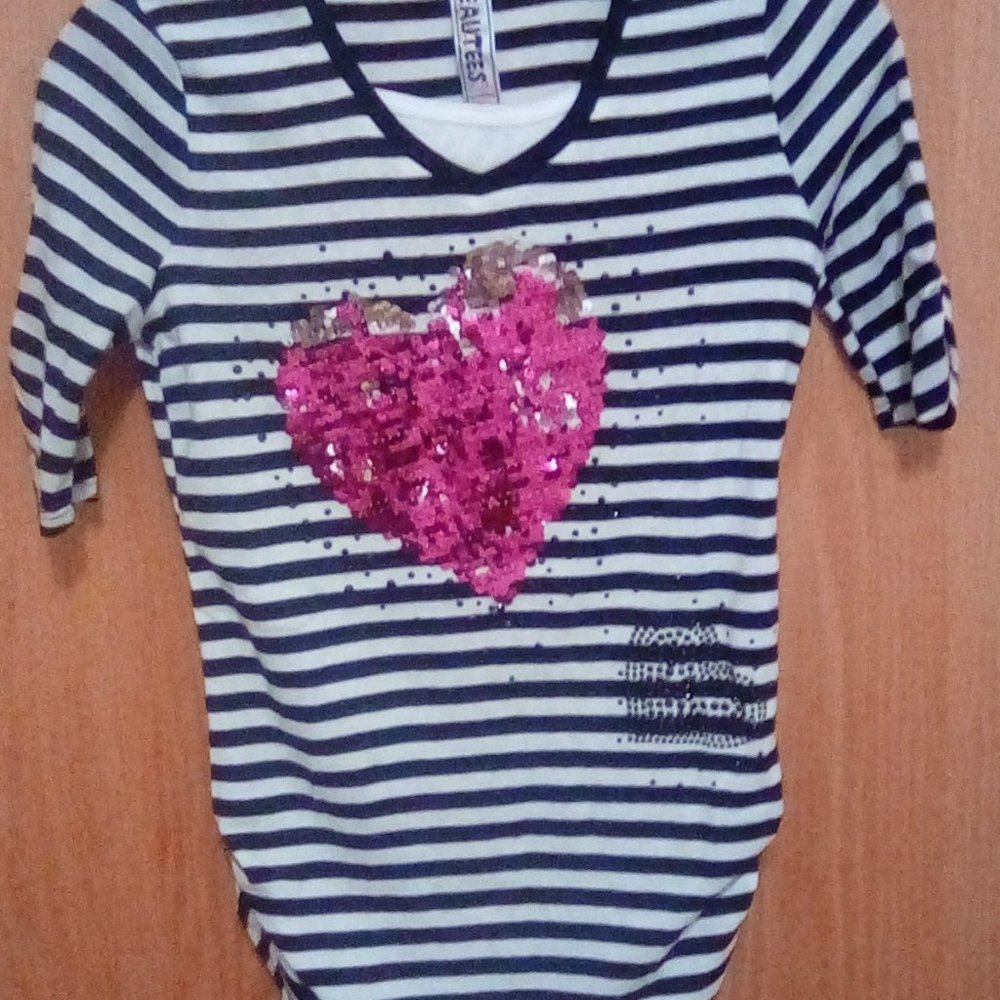 NWOT, girl's black white striped heart sequin top
